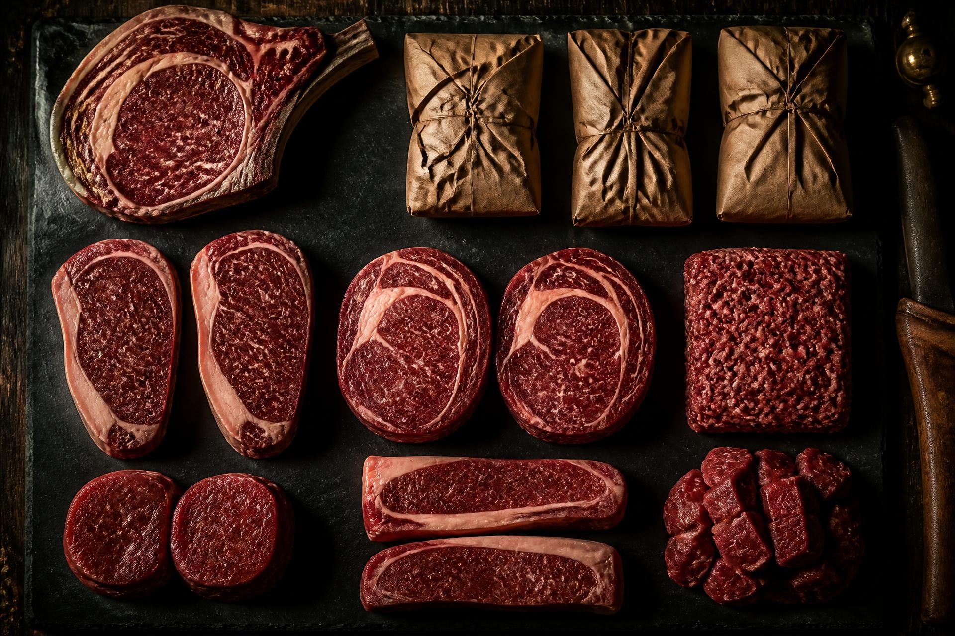 Premium butcher cuts arranged on a dark slate board